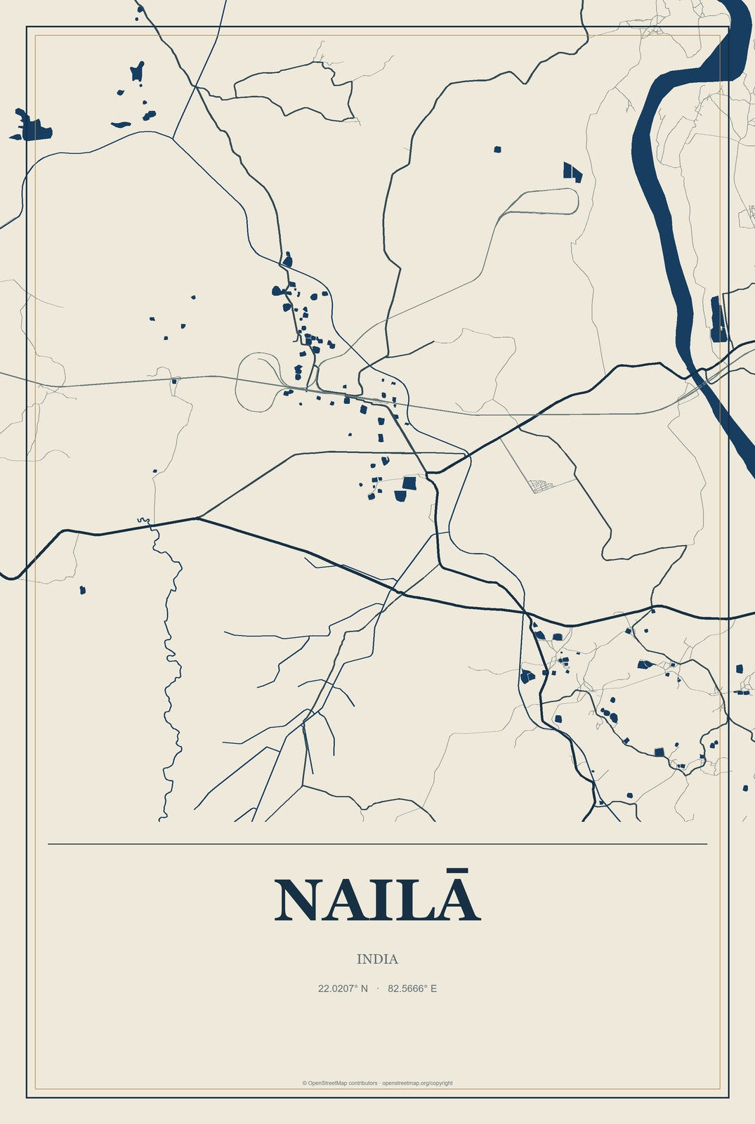 Nailā, India City Map Aluminum Sign in Coastal Cutout style