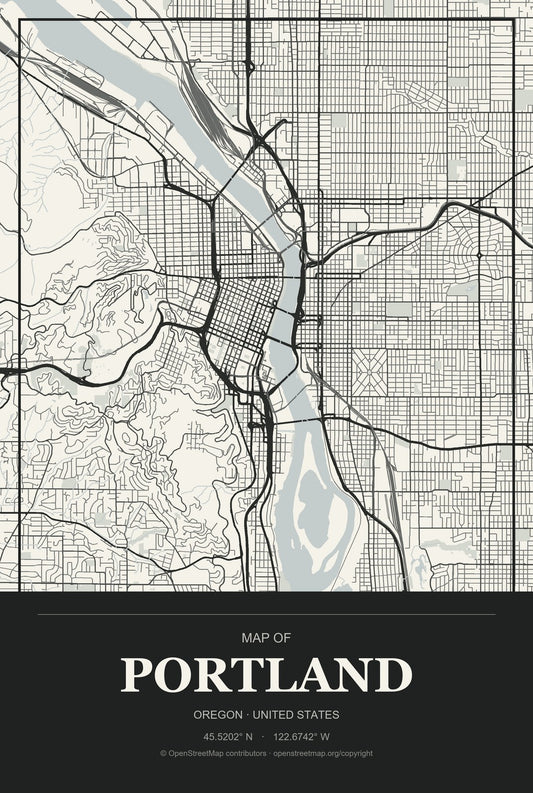 Portland, Oregon City Map Aluminum Sign in Museum Plaque style