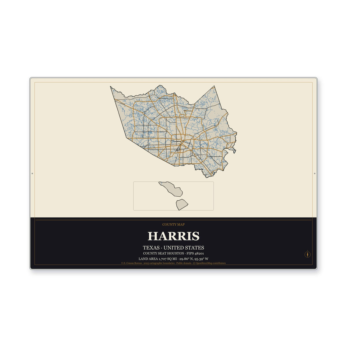 Harris County, Texas Map Aluminum Sign in Museum Plaque style