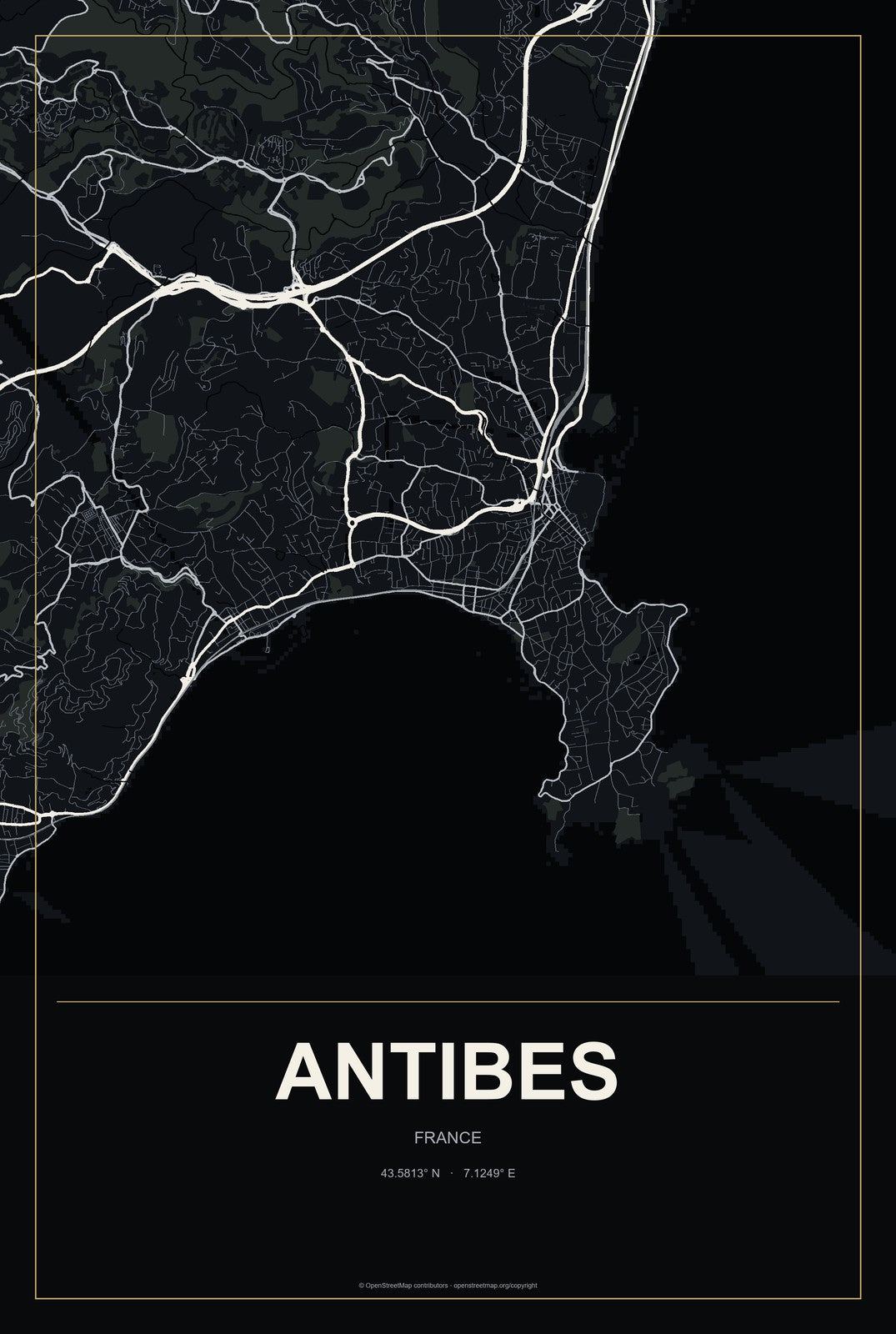 Antibes, France City Map Aluminum Sign in Metropolitan Noir style