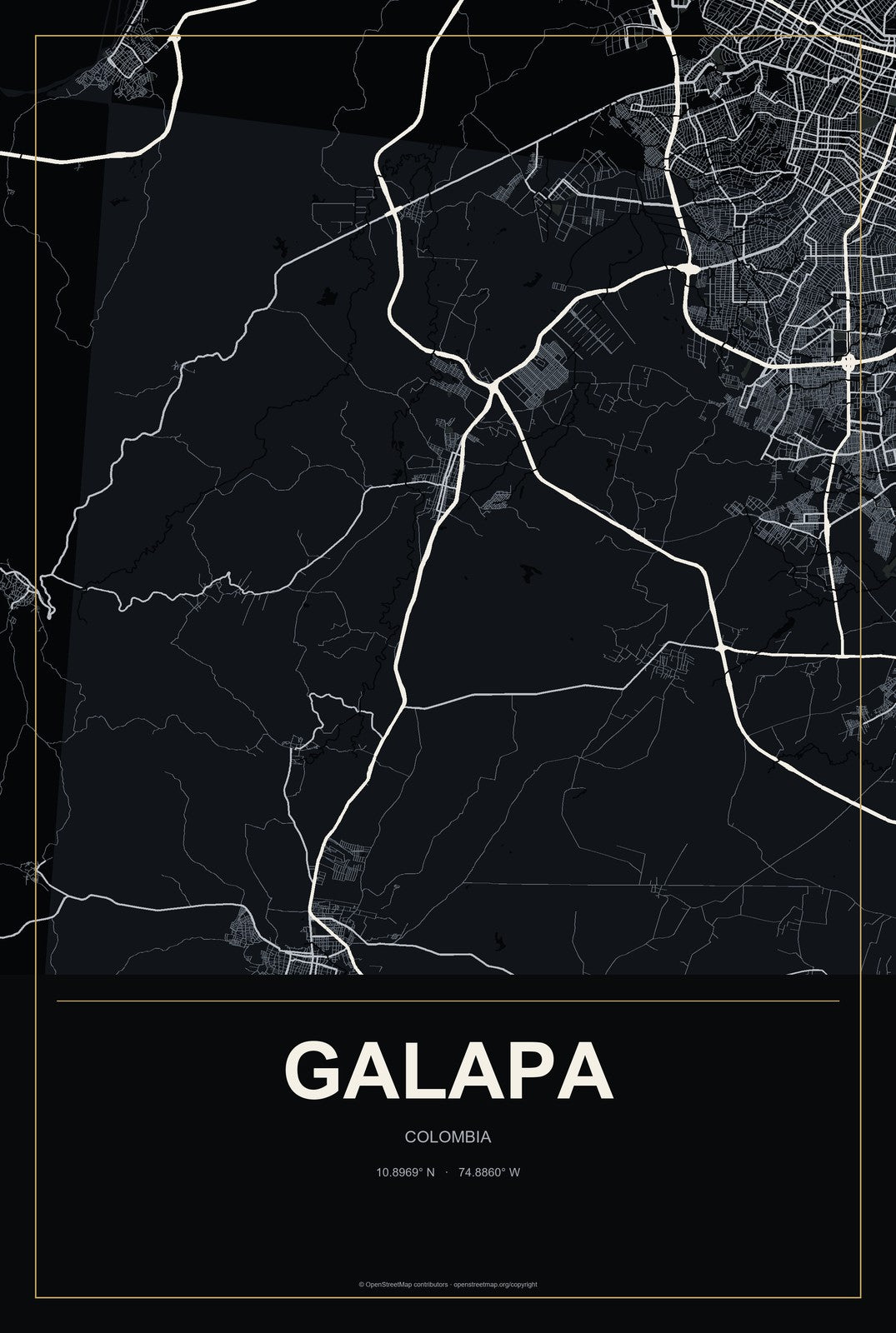 Galapa, Colombia City Map Aluminum Sign in Metropolitan Noir style