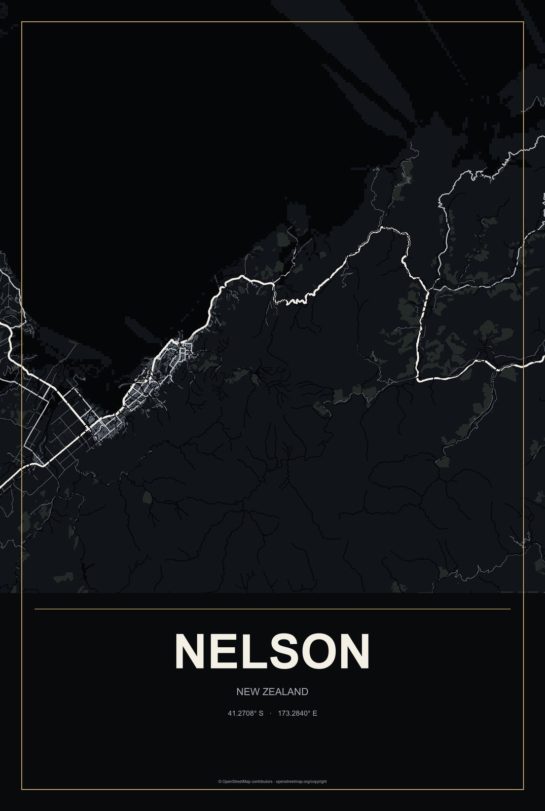 Nelson, New Zealand City Map Aluminum Sign in Metropolitan Noir style