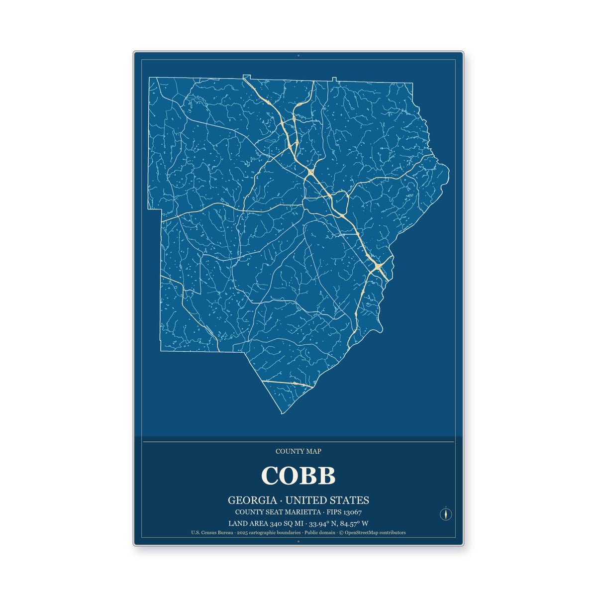 Cobb County, Georgia Map Aluminum Sign in Harbor Cobalt style