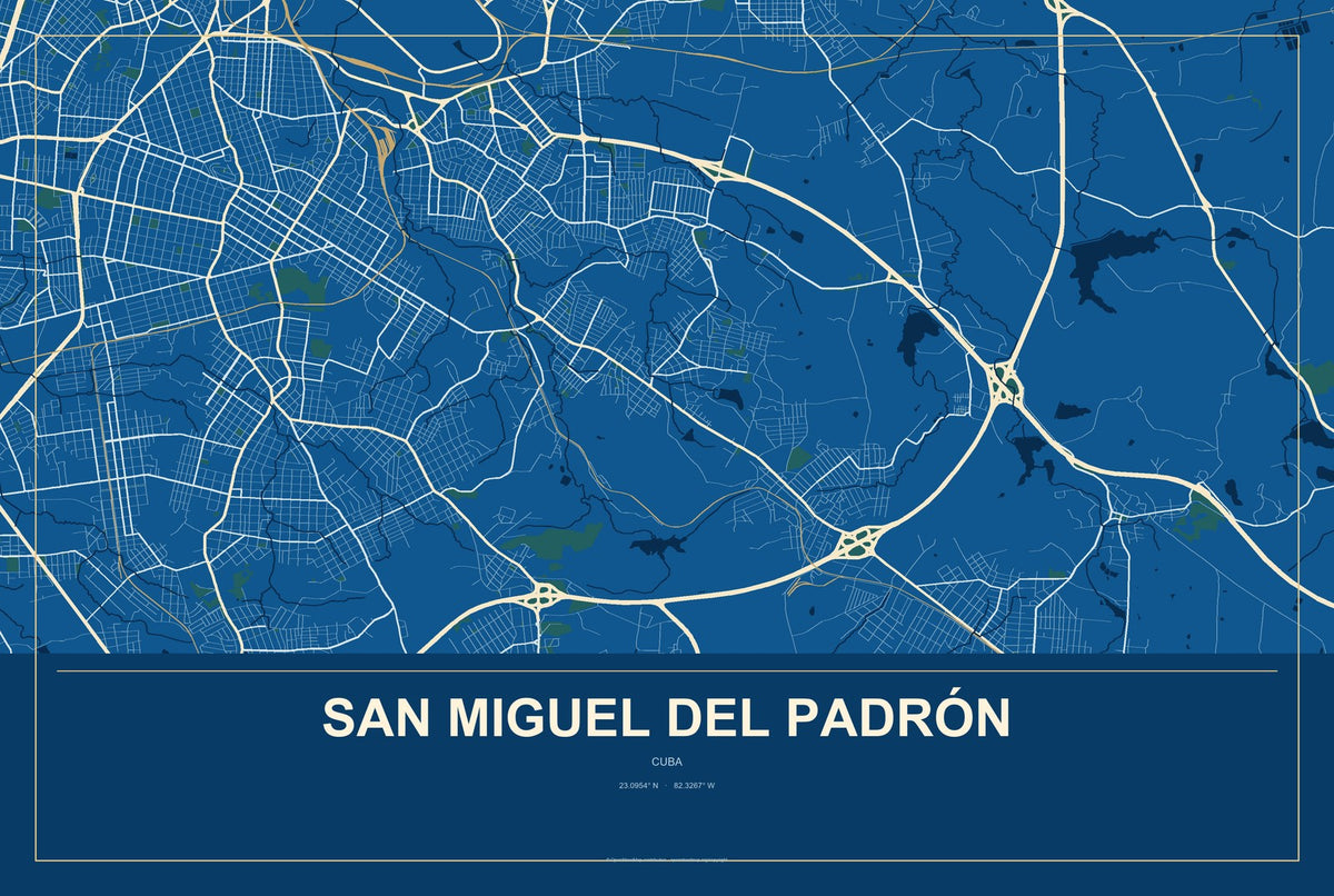 San Miguel del Padrón, Cuba City Map Aluminum Sign in Harbor Cobalt style