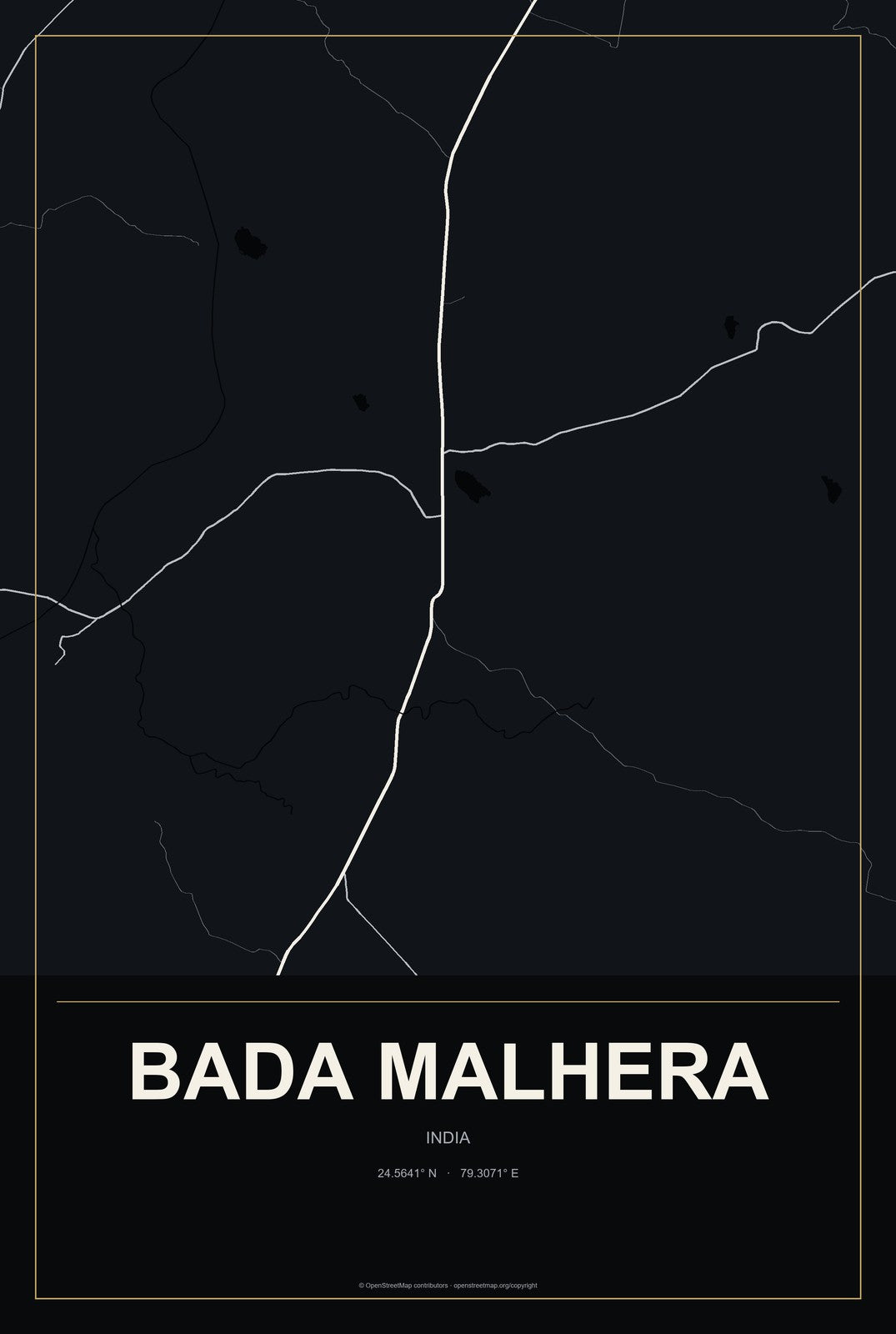 Bada Malhera, India City Map Aluminum Sign in Metropolitan Noir style