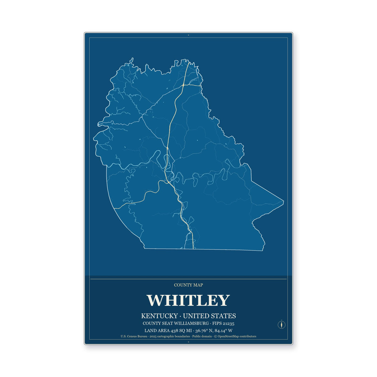 Whitley County, Kentucky Map Aluminum Sign in Harbor Cobalt style