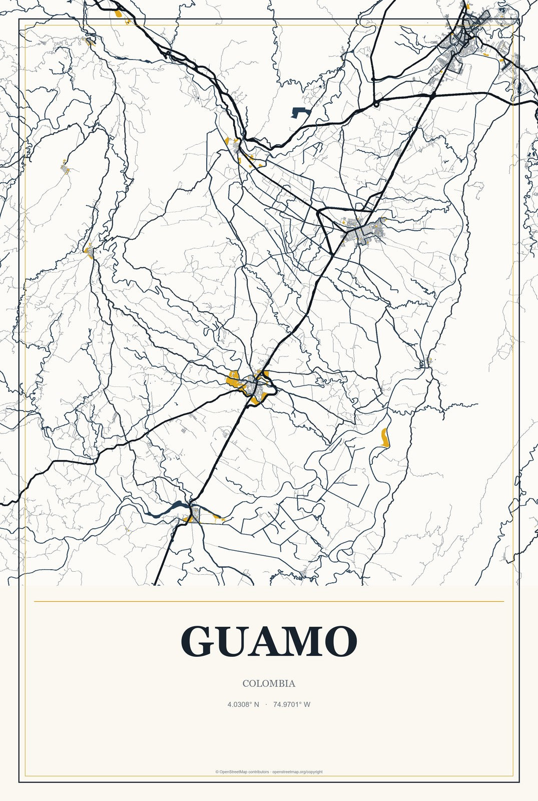 Guamo, Colombia City Map Aluminum Sign in Citrine Modern style