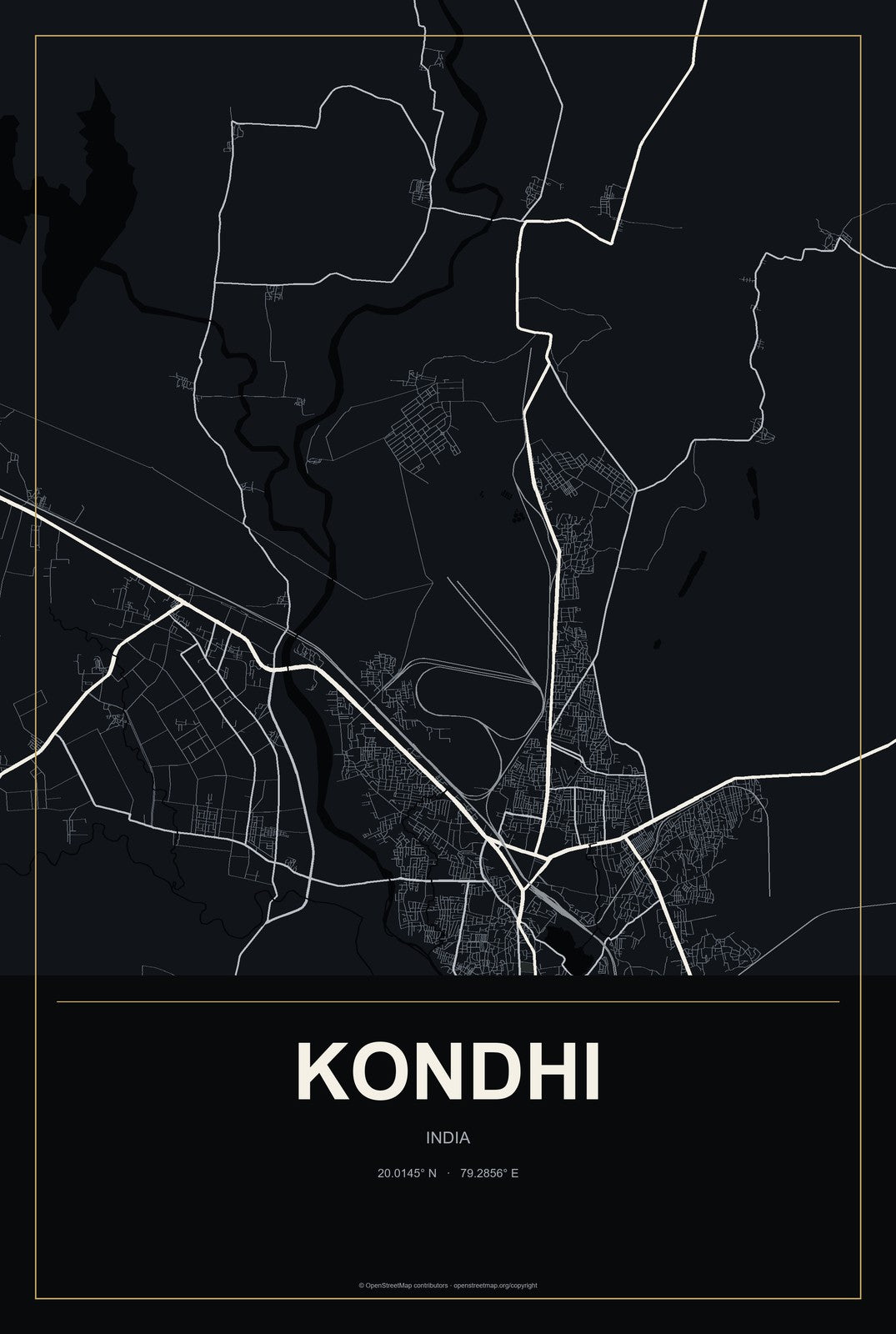 Kondhi, India City Map Aluminum Sign in Metropolitan Noir style