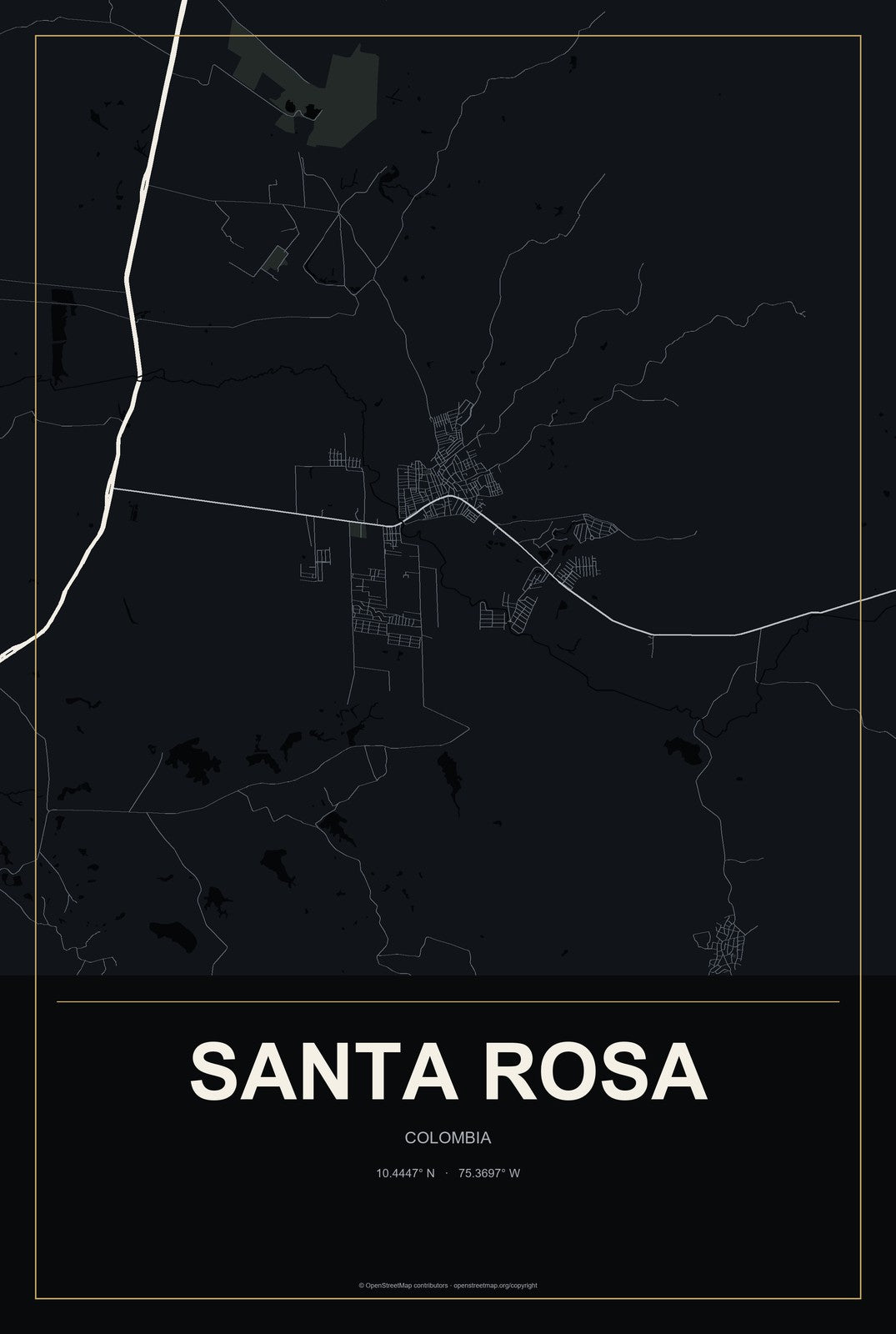 Santa Rosa, Colombia City Map Aluminum Sign in Metropolitan Noir style