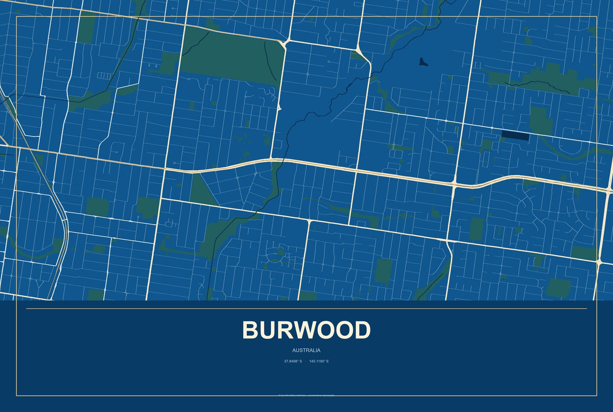 Burwood, Australia City Map Aluminum Sign in Harbor Cobalt style
