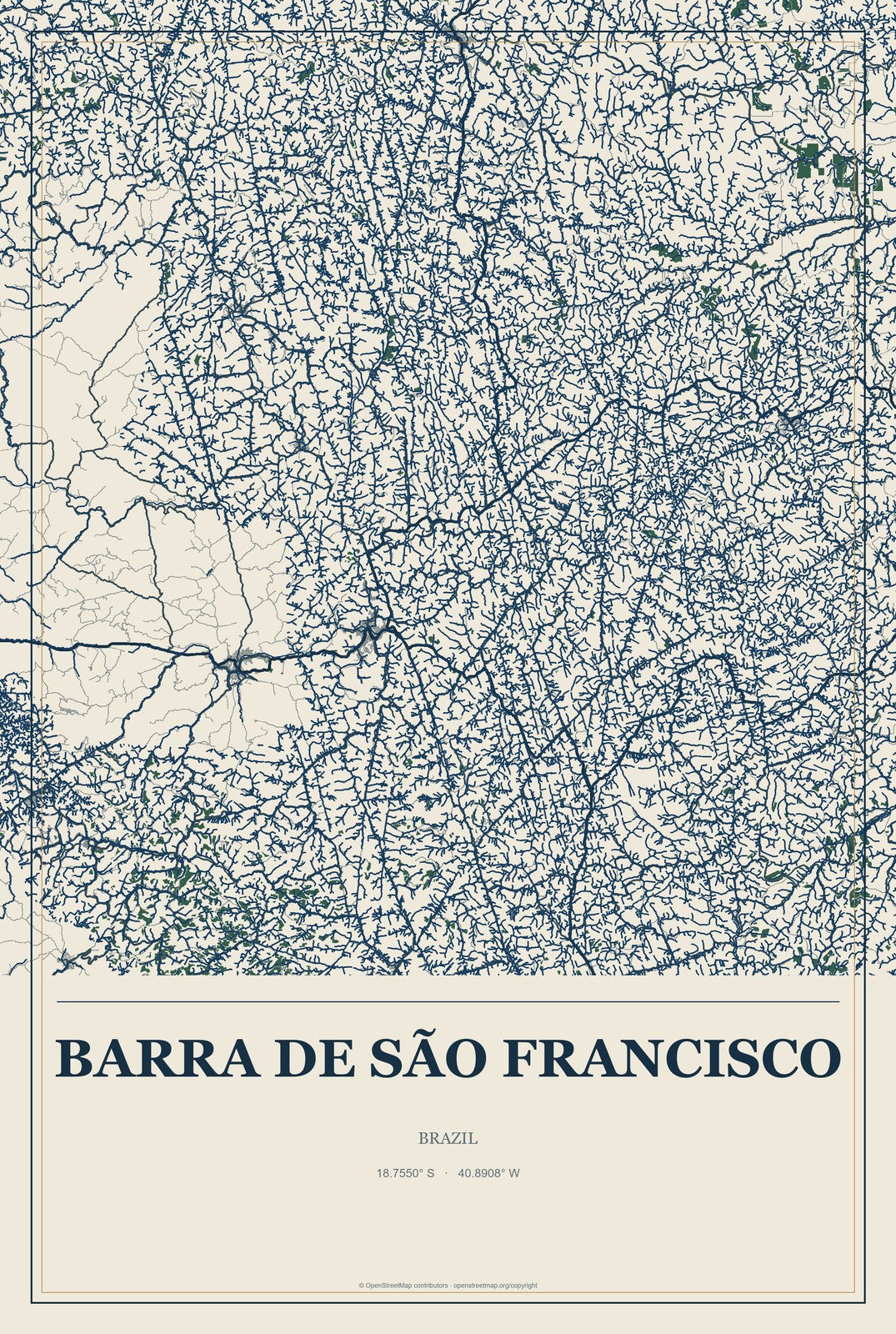 Barra de São Francisco, Brazil City Map Aluminum Sign in Coastal Cutout style