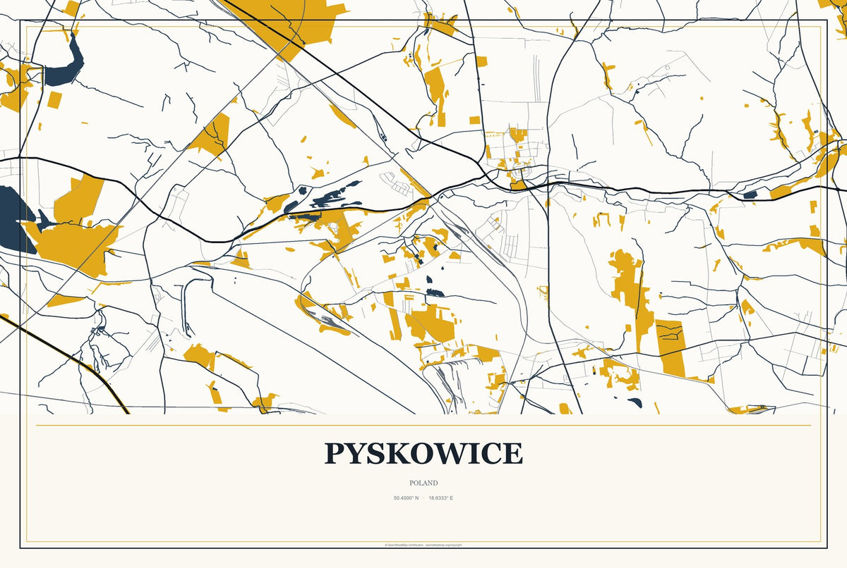 Pyskowice, Poland City Map Aluminum Sign in Citrine Modern style