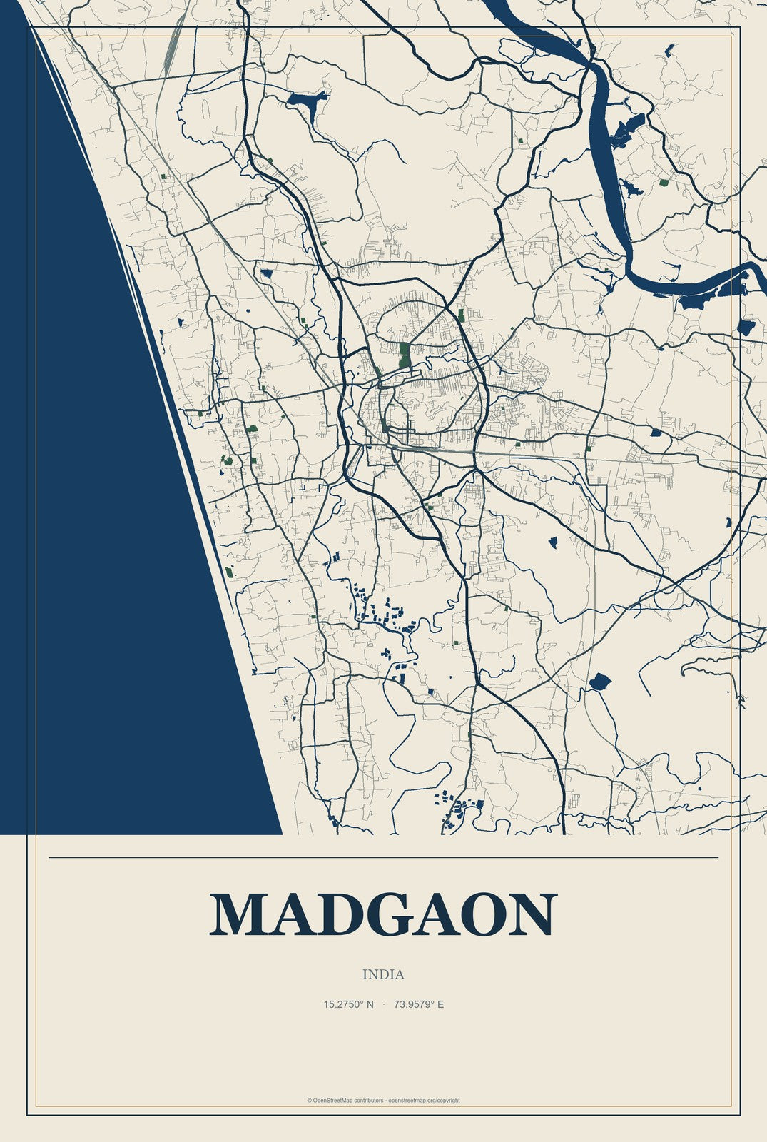 Madgaon, India City Map Aluminum Sign in Coastal Cutout style