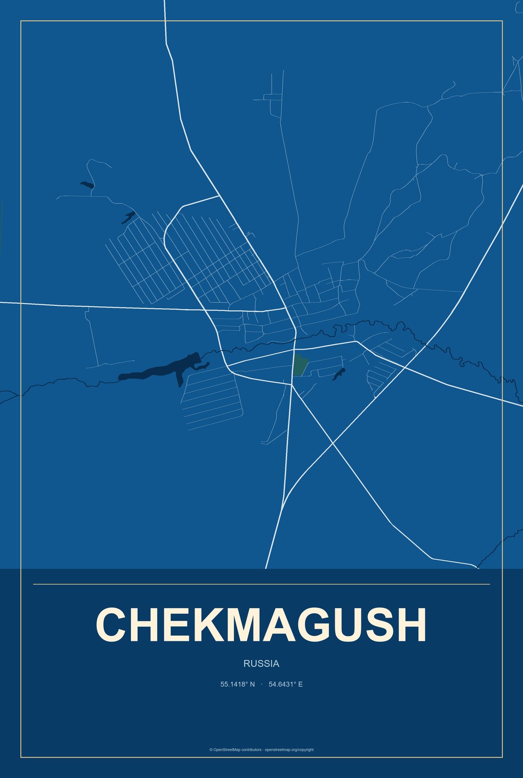 Chekmagush, Russia City Map Aluminum Sign in Harbor Cobalt style