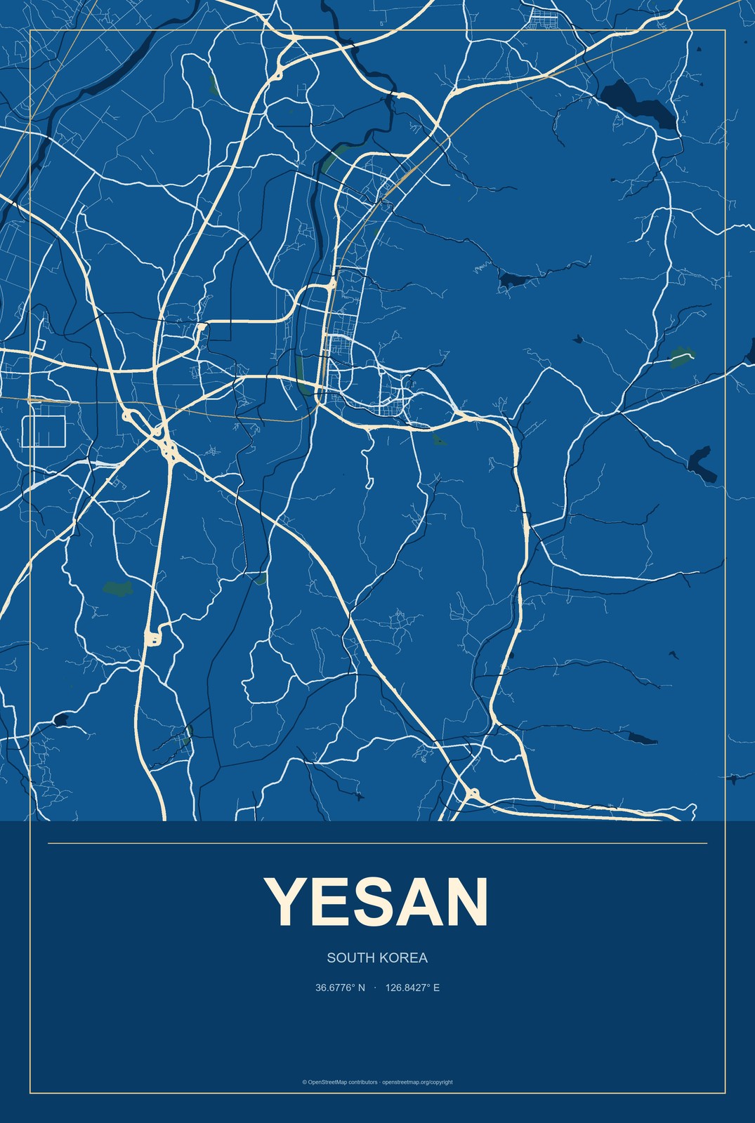 Yesan, South Korea City Map Aluminum Sign in Harbor Cobalt style