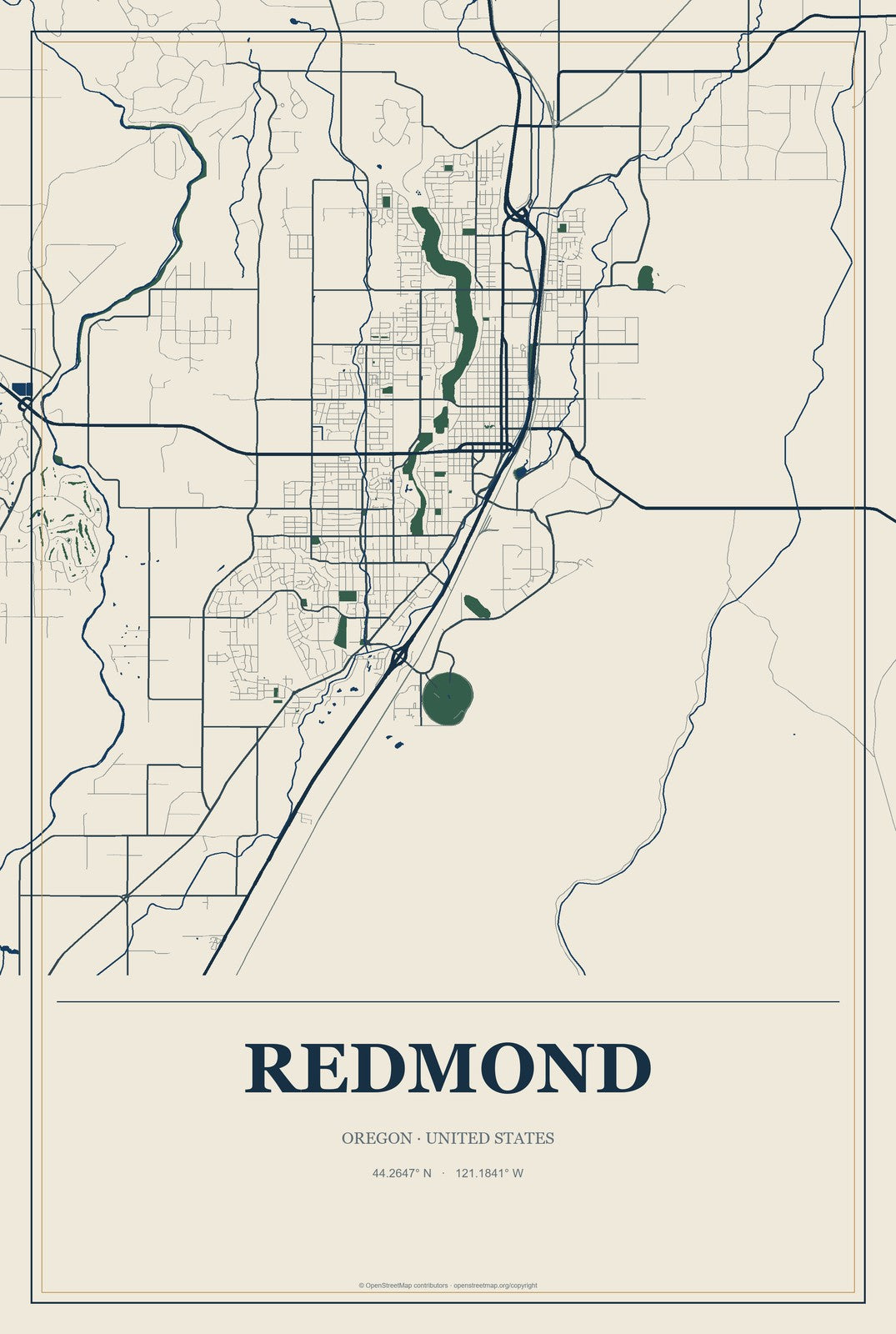 Redmond, Oregon City Map Aluminum Sign in Coastal Cutout style