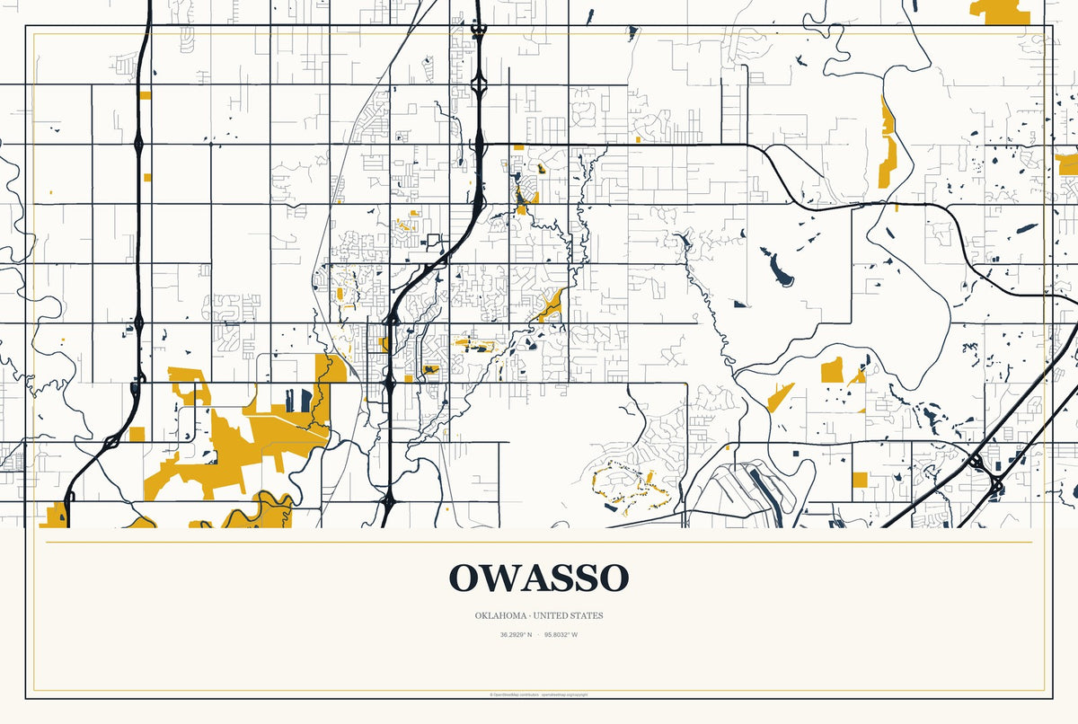 Owasso, Oklahoma City Map Aluminum Sign in Citrine Modern style