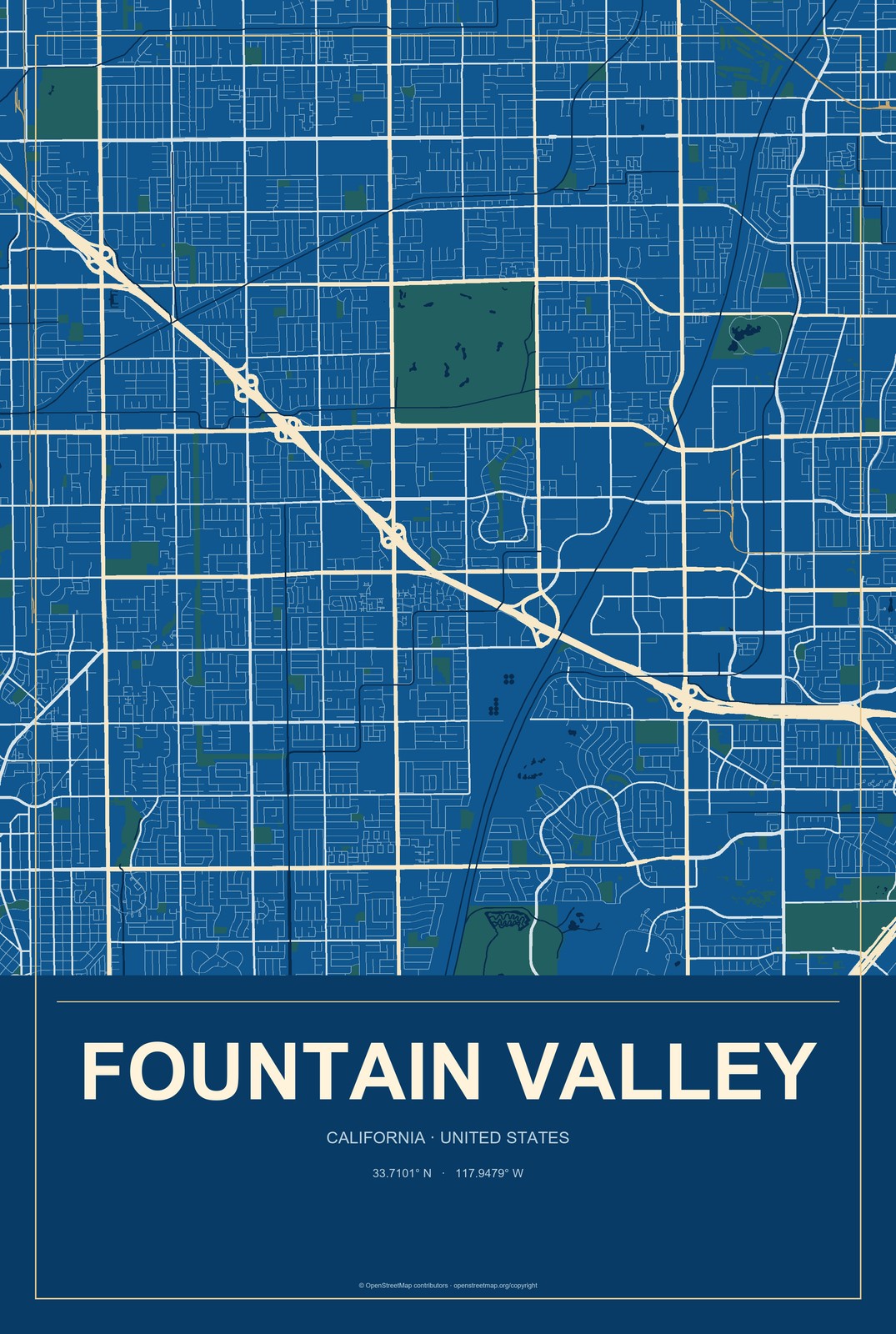Fountain Valley, California City Map Aluminum Sign in Harbor Cobalt style