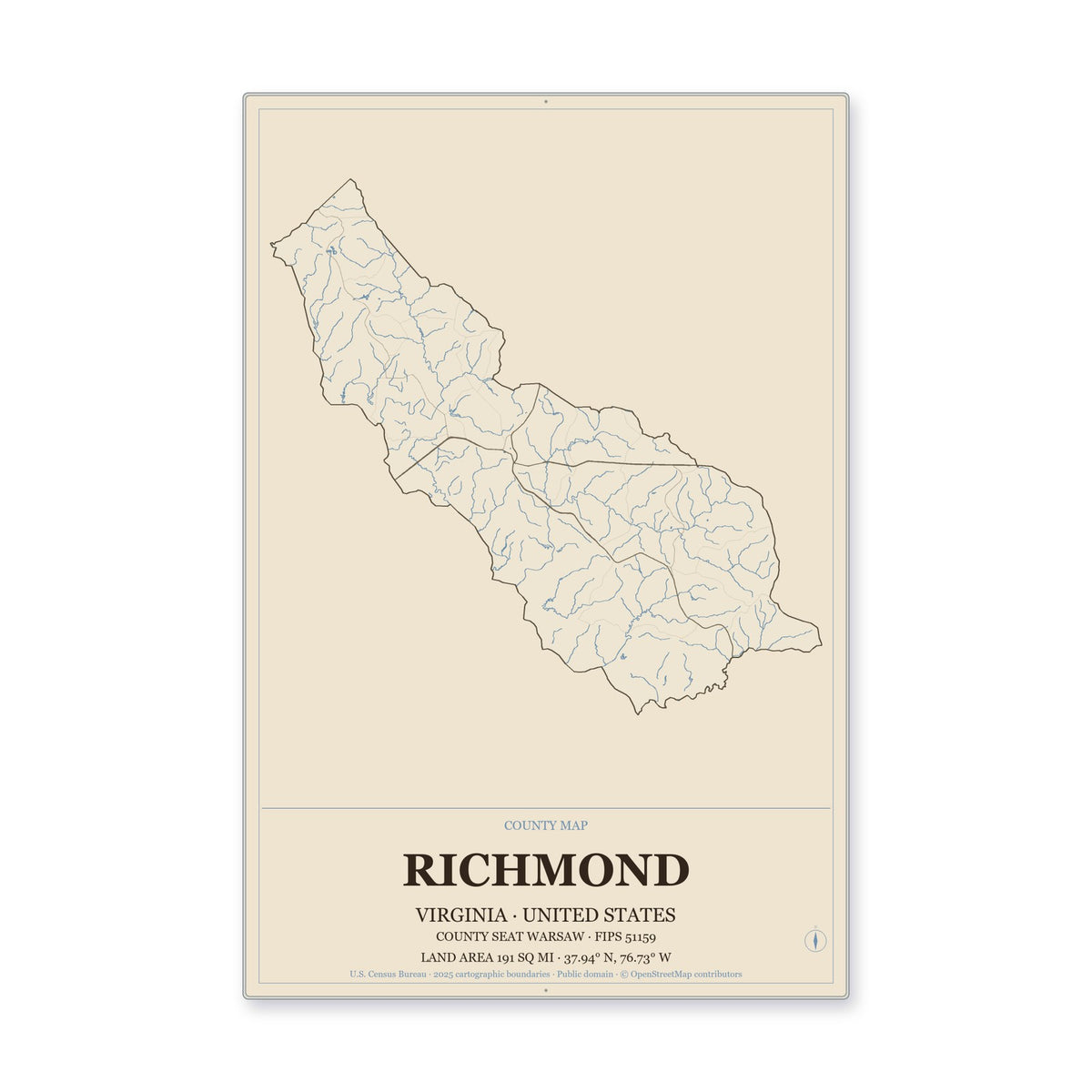 Richmond County, Virginia Map Aluminum Sign in Heritage Nautical style