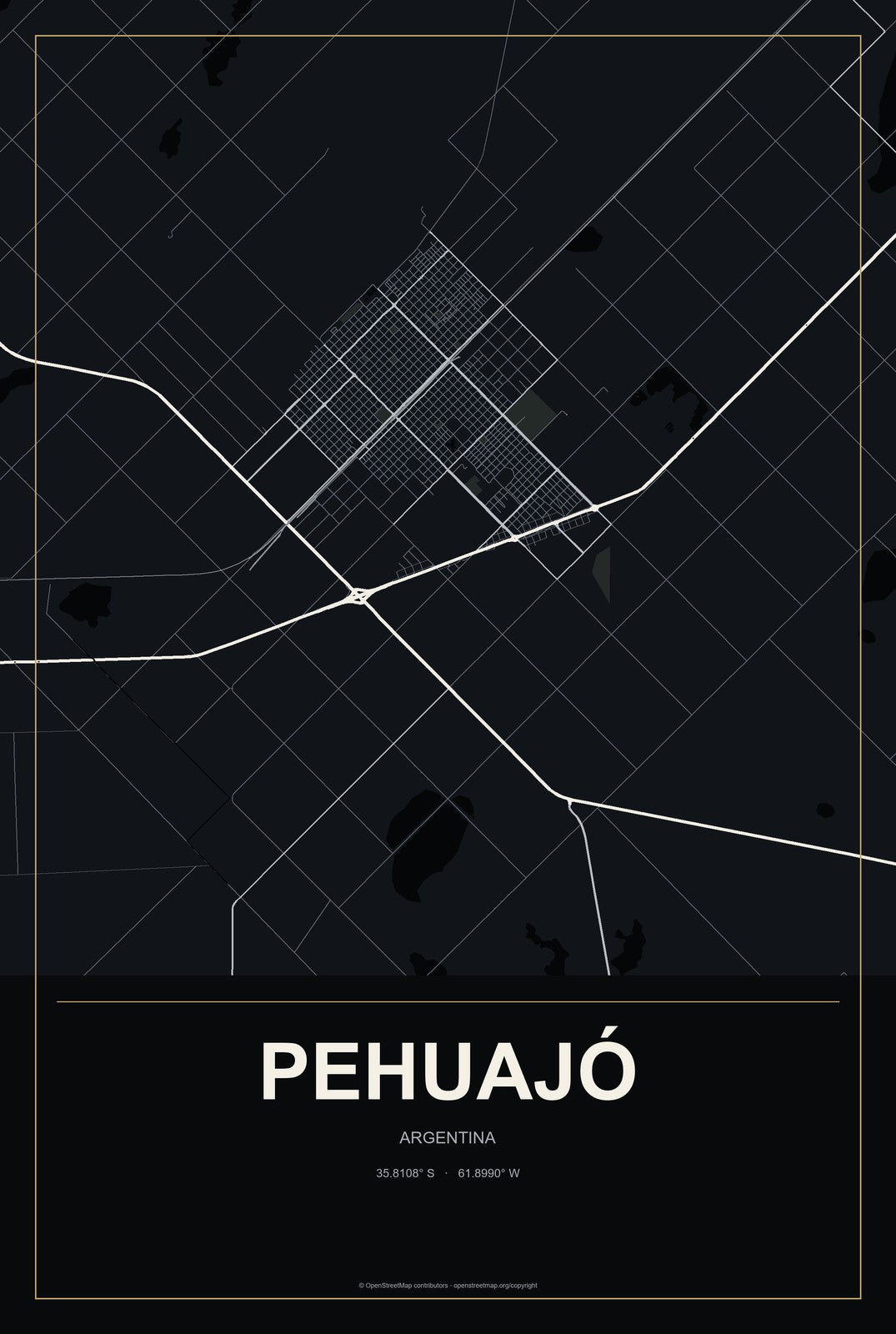 Pehuajó, Argentina City Map Aluminum Sign in Metropolitan Noir style