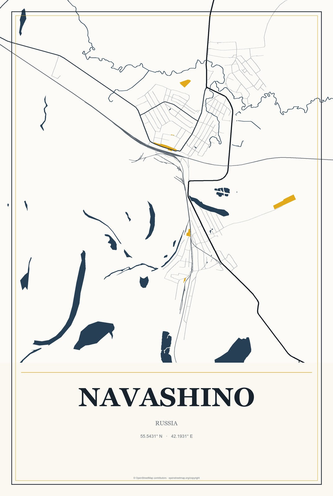 Navashino, Russia City Map Aluminum Sign in Citrine Modern style