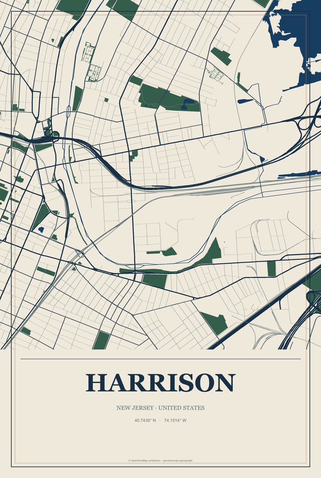 Harrison, New Jersey City Map Aluminum Sign in Coastal Cutout style