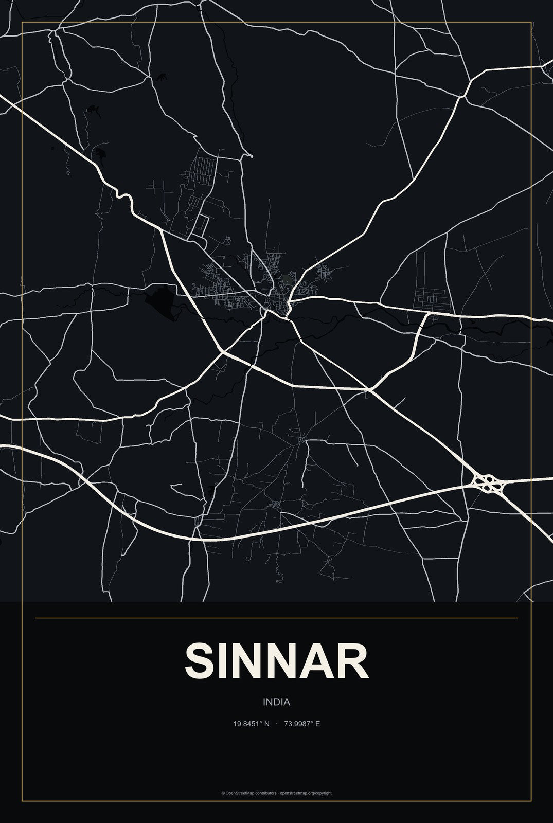 Sinnar, India City Map Aluminum Sign in Metropolitan Noir style