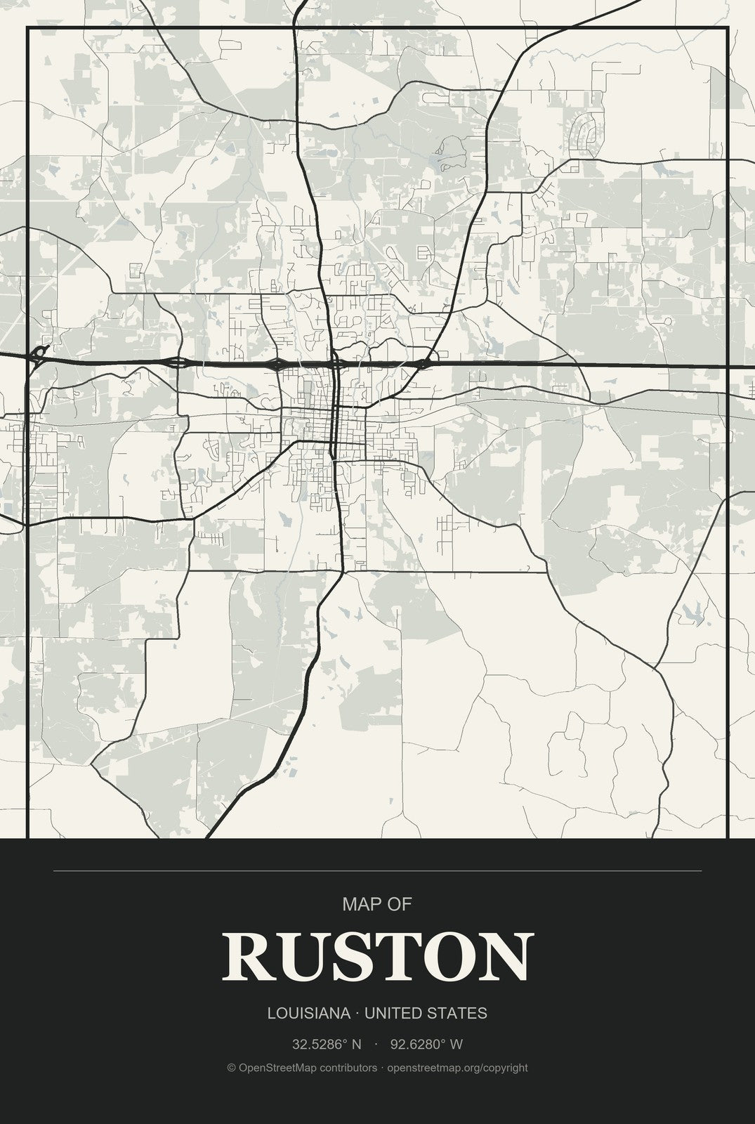 Ruston, Louisiana City Map Aluminum Sign in Museum Plaque style