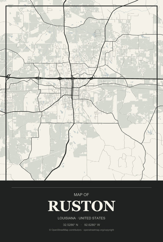Ruston, Louisiana City Map Aluminum Sign in Museum Plaque style