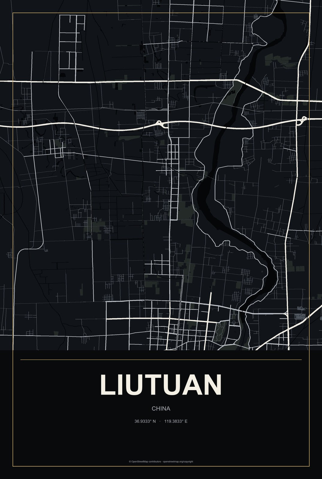 Liutuan, China City Map Aluminum Sign in Metropolitan Noir style