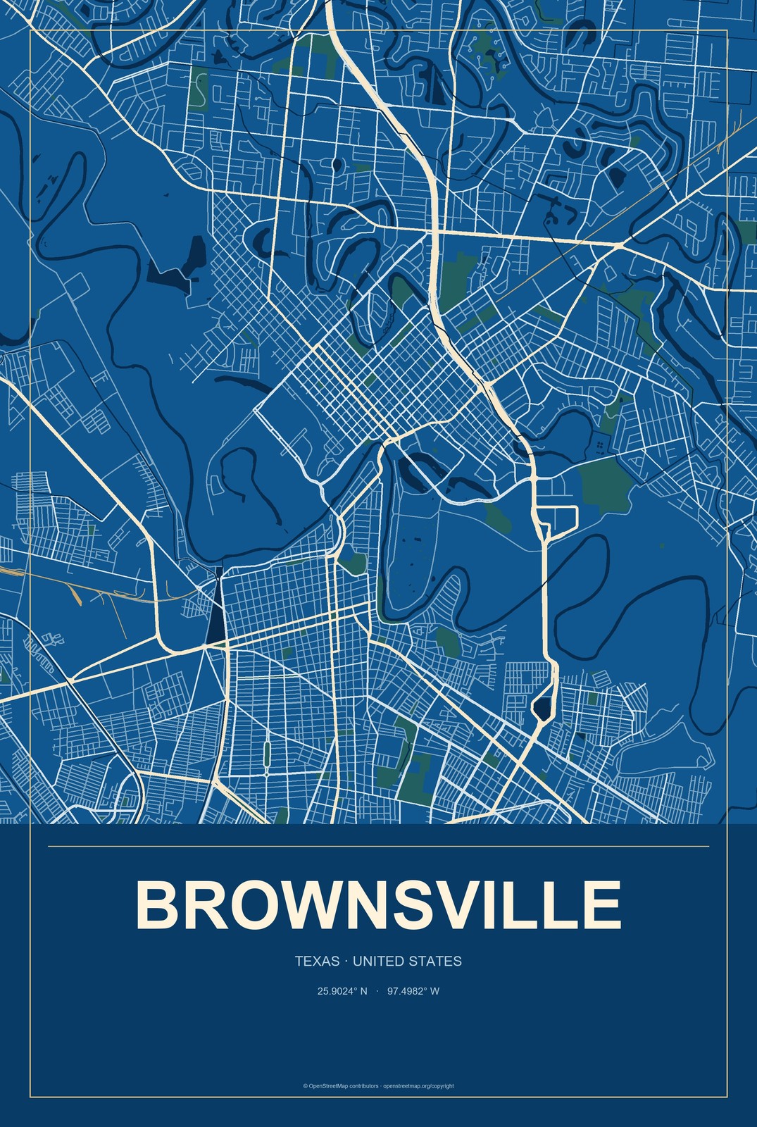 Brownsville, Texas City Map Aluminum Sign in Harbor Cobalt style