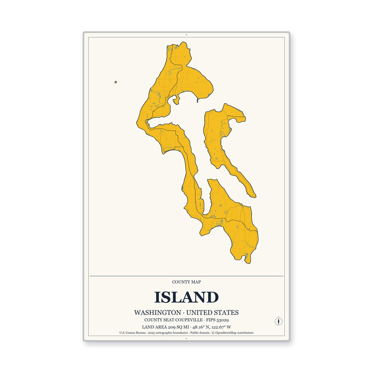 Island County, Washington Map Aluminum Sign in Citrine Modern style