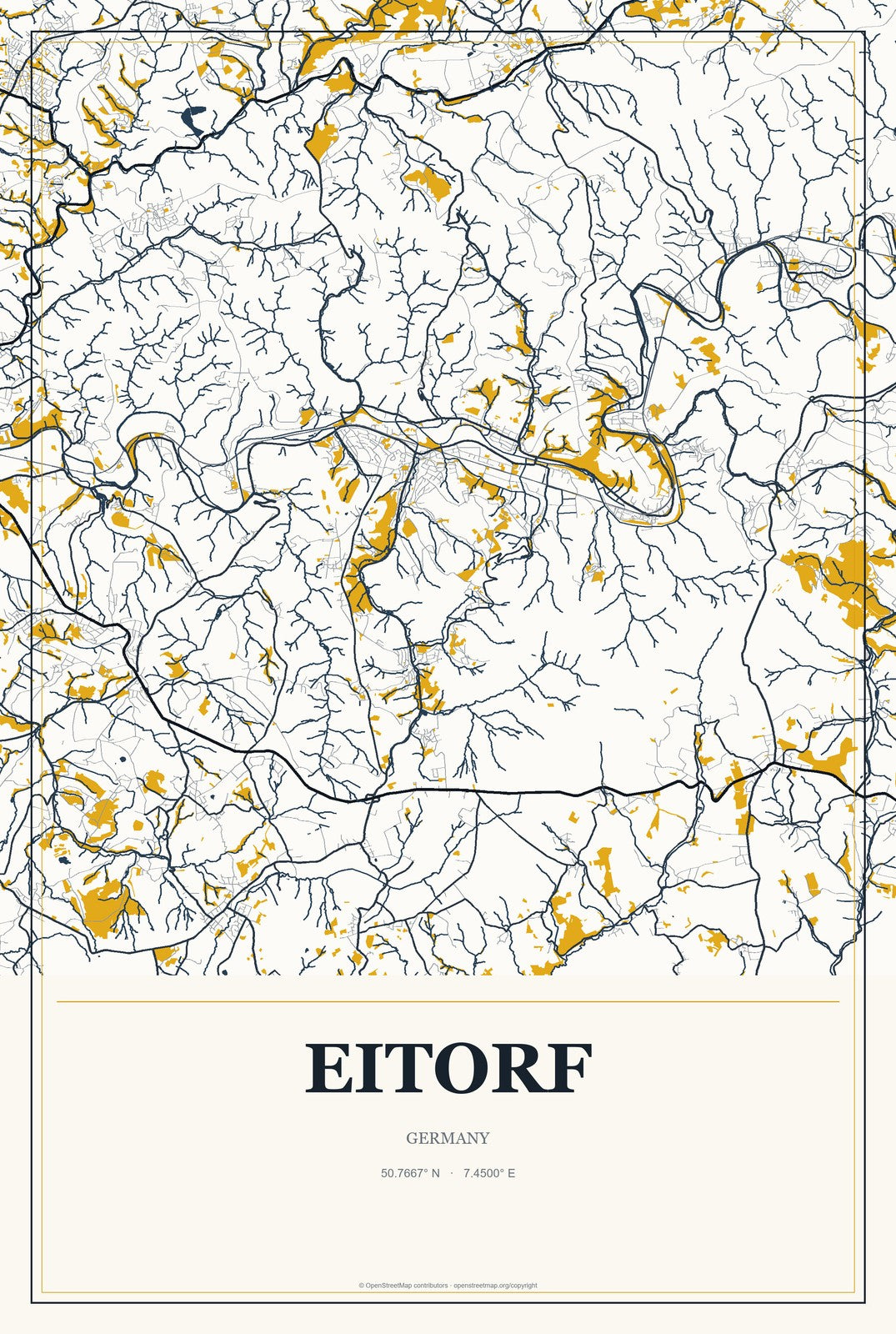 Eitorf, Germany City Map Aluminum Sign in Citrine Modern style