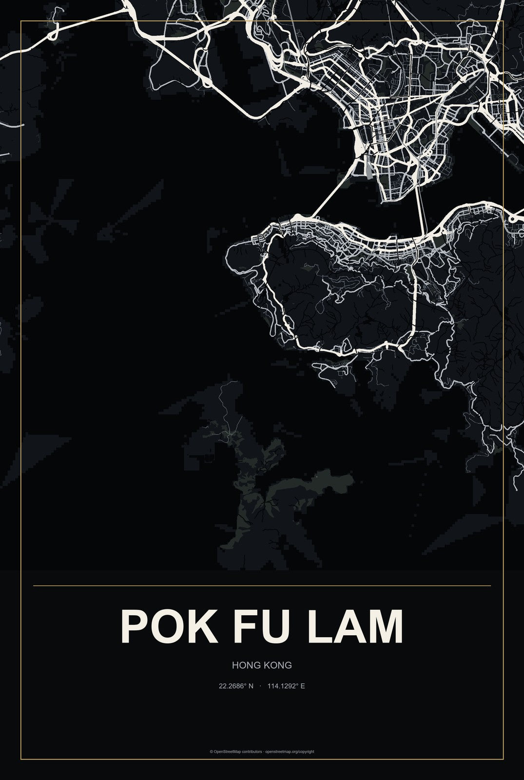 Pok Fu Lam, Hong Kong City Map Aluminum Sign in Metropolitan Noir style