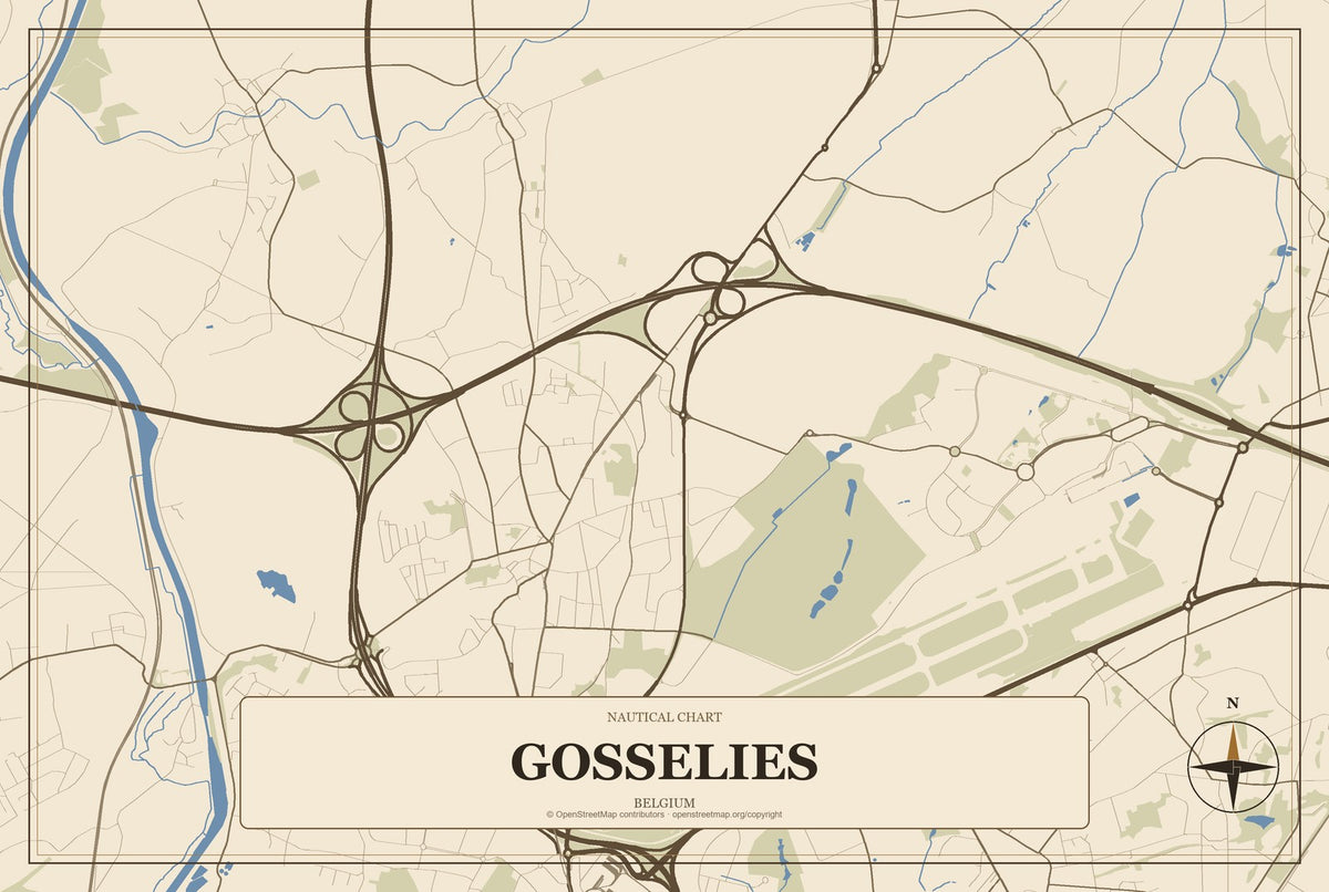 Gosselies, Belgium City Map Aluminum Sign in Heritage Nautical style