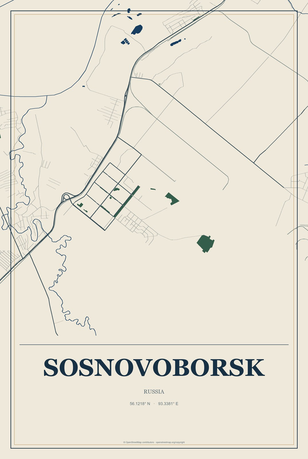 Sosnovoborsk, Russia City Map Aluminum Sign in Coastal Cutout style