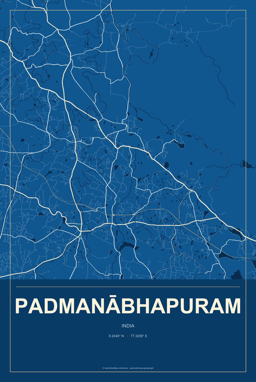 Padmanābhapuram, India City Map Aluminum Sign in Harbor Cobalt style