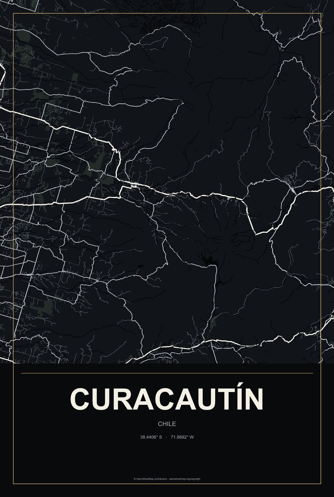Curacautín, Chile City Map Aluminum Sign in Metropolitan Noir style