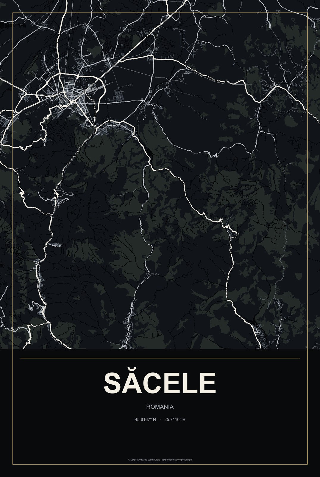 Săcele, Romania City Map Aluminum Sign in Metropolitan Noir style