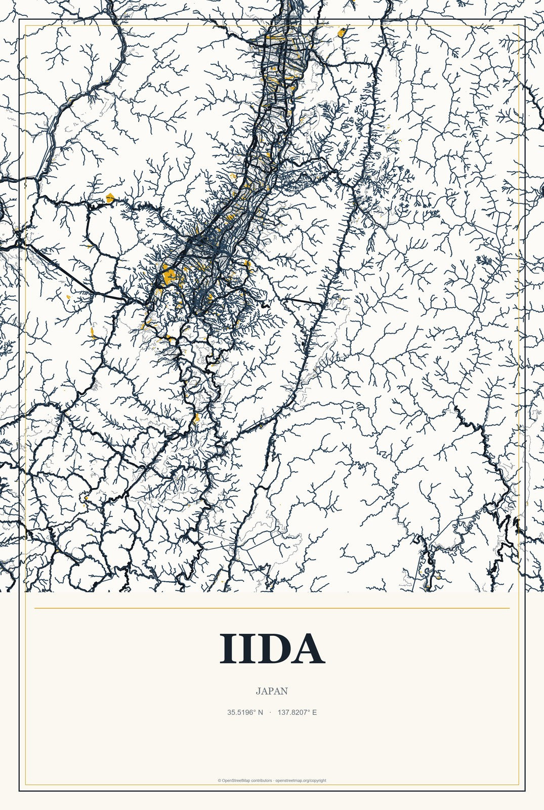 Iida, Japan City Map Aluminum Sign in Citrine Modern style
