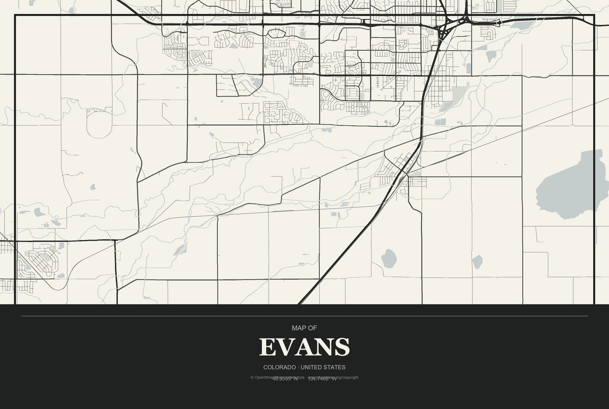 Evans, Colorado City Map Aluminum Sign in Museum Plaque style