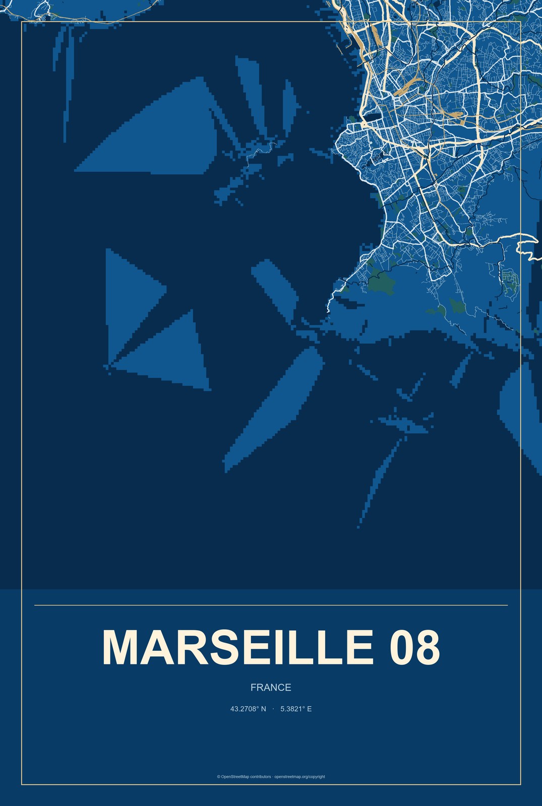 Marseille 08, France City Map Aluminum Sign in Harbor Cobalt style