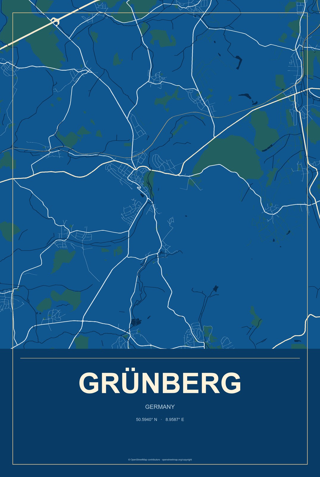 Grünberg, Germany City Map Aluminum Sign in Harbor Cobalt style