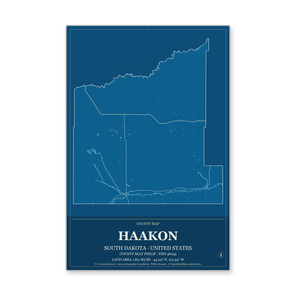 Haakon County, South Dakota Map Aluminum Sign in Harbor Cobalt style