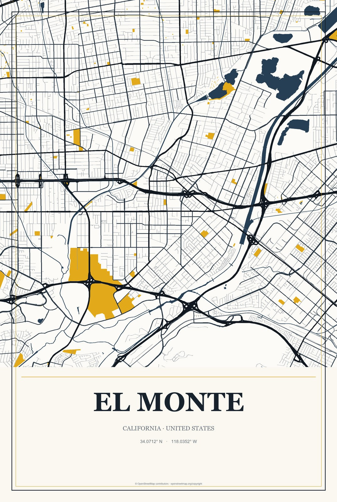 El Monte, California City Map Aluminum Sign in Citrine Modern style
