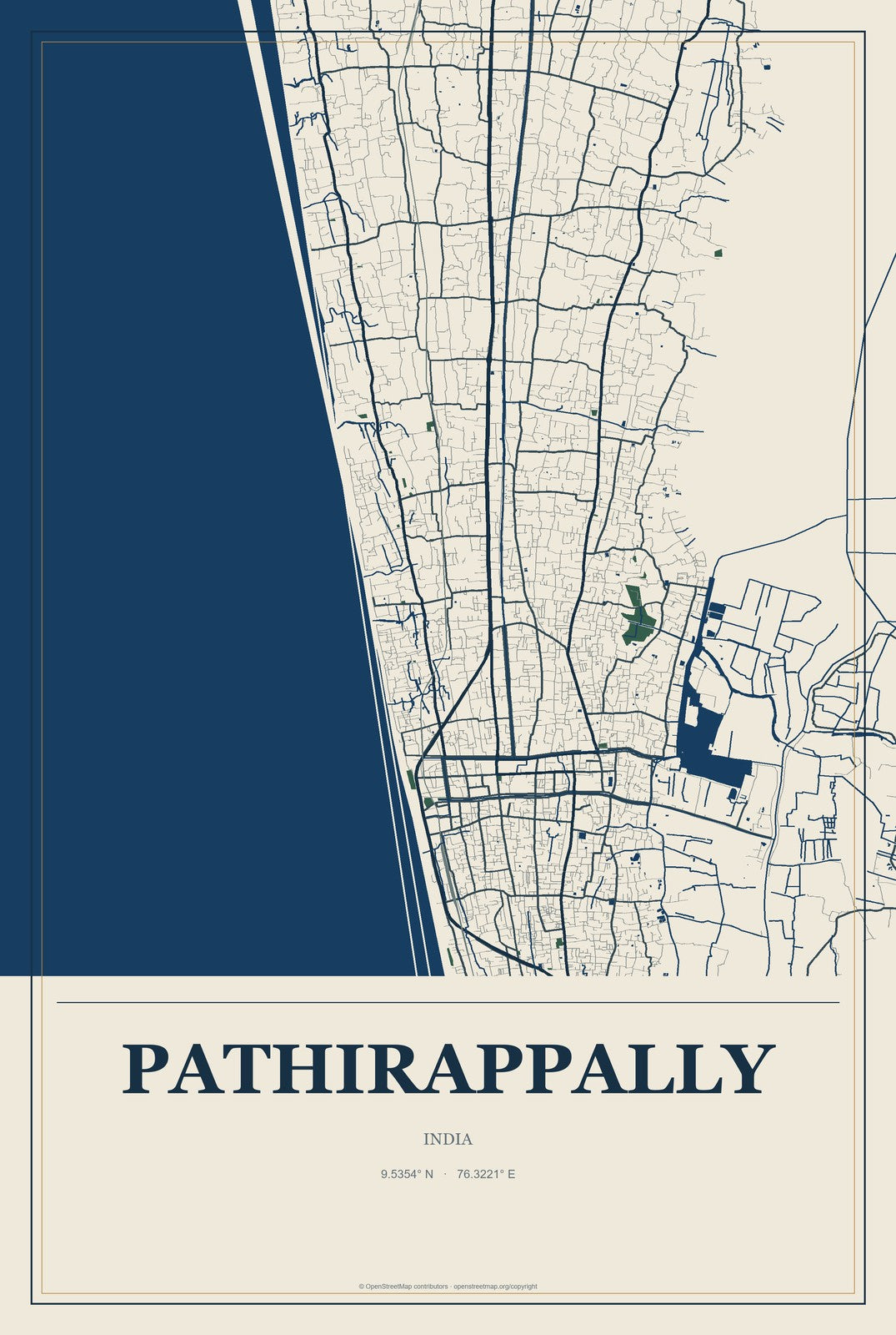 Pathirappally, India City Map Aluminum Sign in Coastal Cutout style