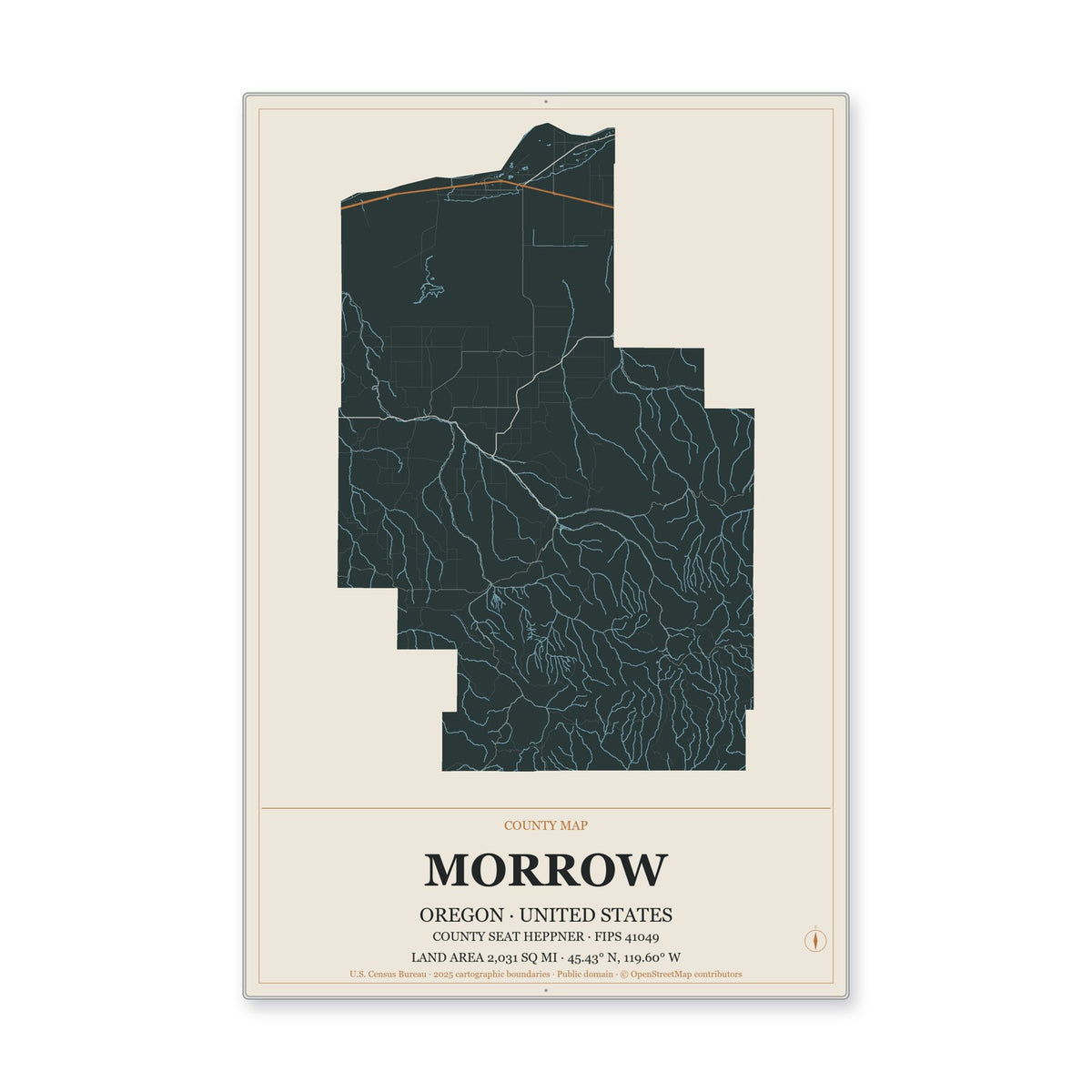 Morrow County, Oregon Map Aluminum Sign in Headline Atlas style