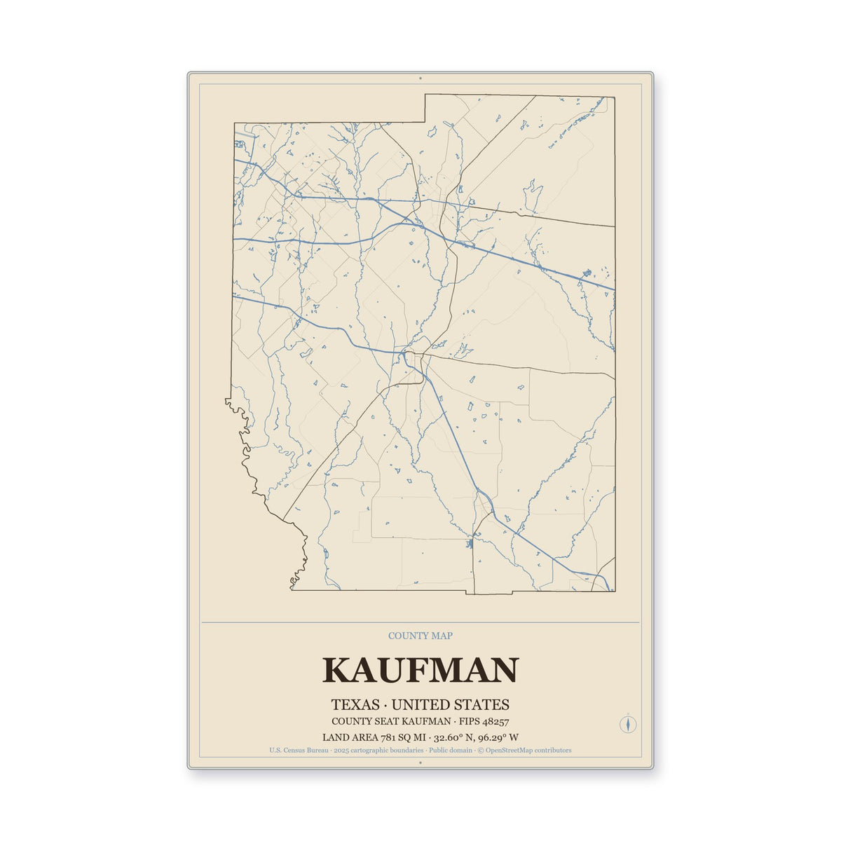 Kaufman County, Texas Map Aluminum Sign in Heritage Nautical style