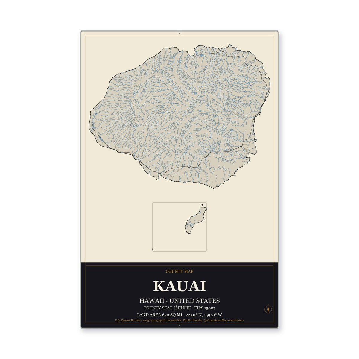 Kauai County, Hawaii Map Aluminum Sign in Museum Plaque style