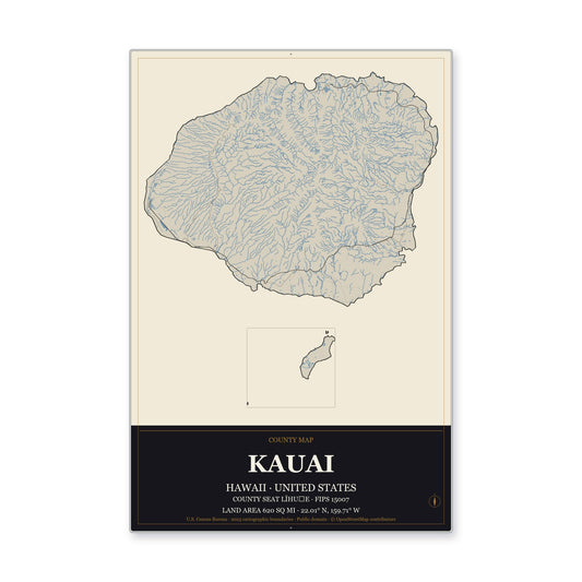 Kauai County, Hawaii Map Aluminum Sign in Museum Plaque style